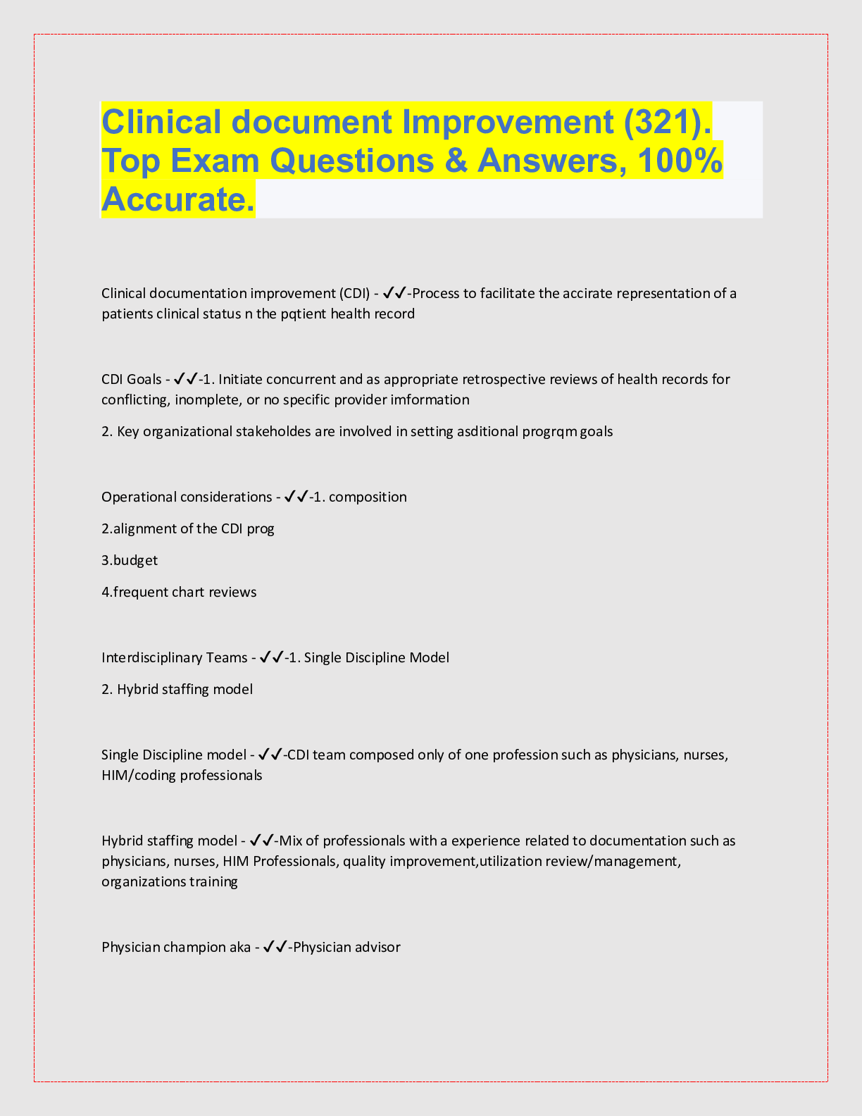 Preview image for Clinical document Improvement (321). Top Exam Questions & Answers, 100%  Accurate.